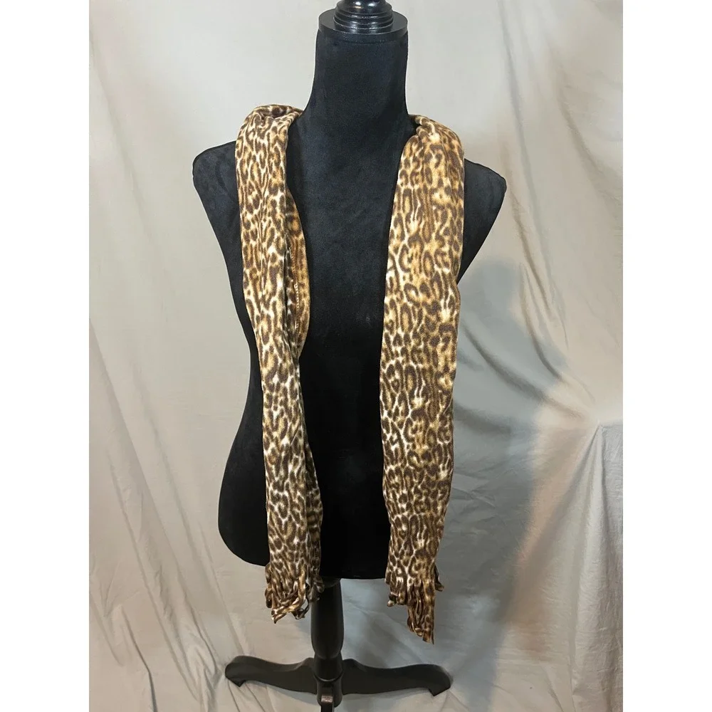 Womens Leopard Print‎ Fleece Scarf Brown Tan Animal Pattern Fringe Long Wrap